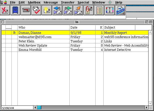 screen shot of eudora email program